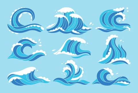 Sea waves blue set ocean water aqua design vector Stock Illustration
