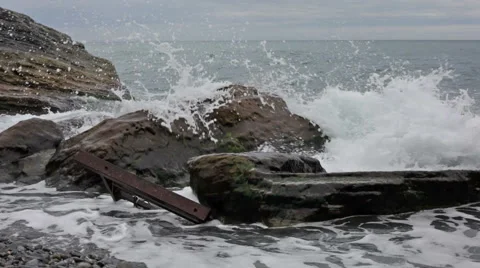 Sea waves break about the coast, Laguria, Italy Stock Footage 47745520