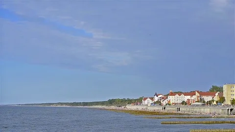 Sea waves break on breakwaters resort Zelenogradsk Stock Footage 79040113