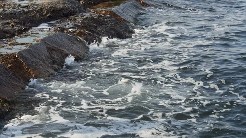 Sea waves break down on rocks on the beach, summer time. Stock Footage 121006239