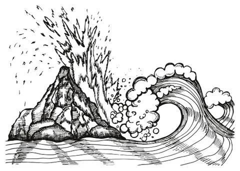 Sea waves breaking on rocks with foam and spray vector. hand drawing isolated Illustrazione stock