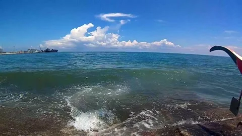Sea, waves, bubbles, foam, sky, clouds, port Stock Footage 341274818