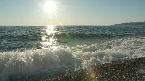 Sea waves close-up on a background of mountains panorama Stock Footage 130751619