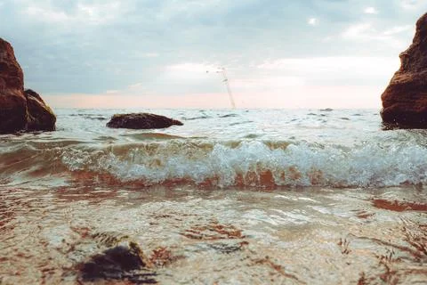 Sea waves close up, low angle view. Stock Photos