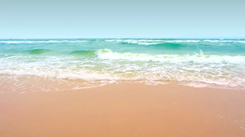 Sea waves on the cloudy sky background, horizon fog scene by the coast of beach. Stock Footage 241353540