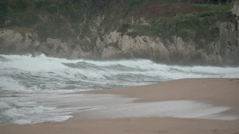 Sea waves on coast sand beach. Landscape view of beach sea ocean in cloudy Stock Footage 165741829