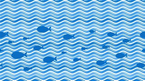 Sea waves. Curve wave pattern. Water streaks and fish silhouettes texture Stock Illustration