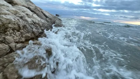 Sea waves on the dike Stock Footage 223862970