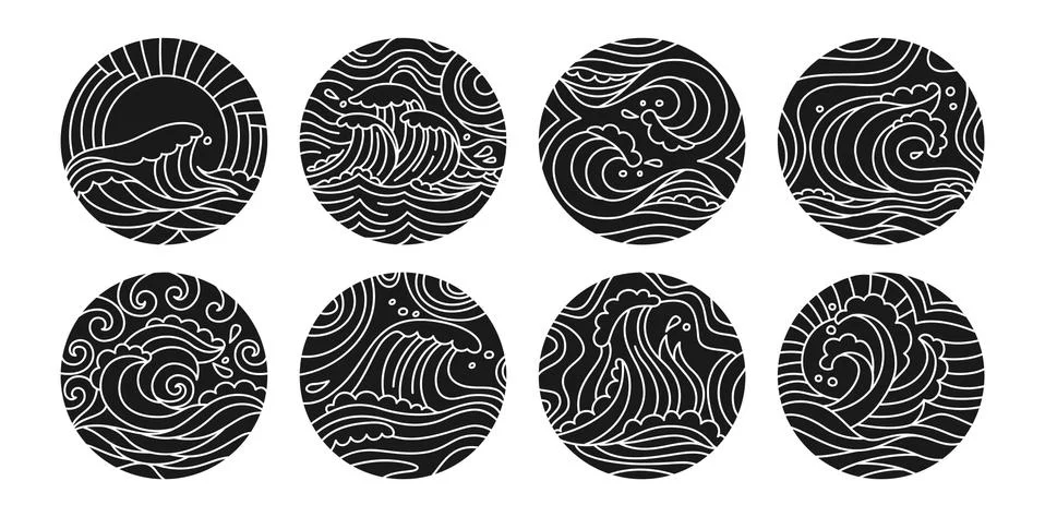 Sea waves doodle round pattern black glyph set Stock Illustration
