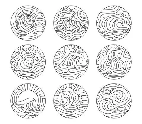 Sea waves doodle round pattern set ornament vector イラスト素材