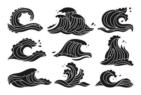 Sea waves doodle set ocean water sketch vector Stock Illustration