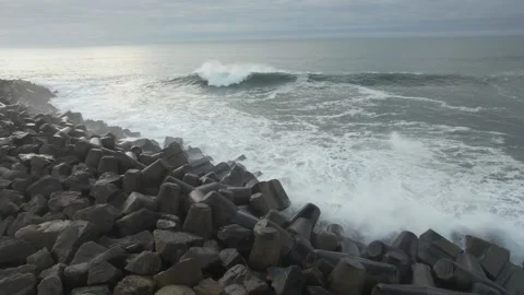 Sea Waves Explode On The Rocky Shore Stock Footage 195090637