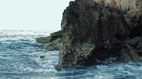 Sea waves hit big dead petrified coral reef in reserve of Ras Mohammed National 스톡 동영상 300868855