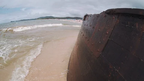 Sea waves hit a sunken ship Stock Footage 127686050