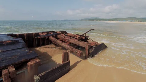 Sea waves hit a sunken ship Stock Footage 127698855