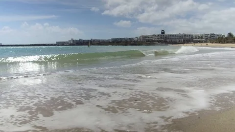 Sea waves hitting the beach in Costa Teguise Lanzarote Spain Video stock 87978881