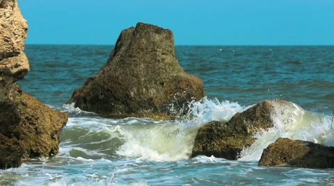 Sea Waves Hitting Rocks. Slow motion. Stock Footage 44824921