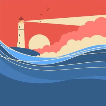 Sea waves with lighthouse.Vector nature poster of seascape Stock Illustration
