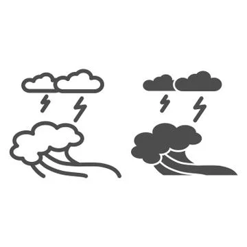 Sea waves, lightning and clouds line and solid icon, nautical concept, ocean イラスト素材