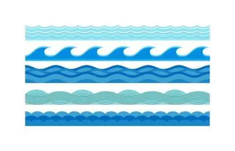 Sea waves pattern set horizontally ocean abstract element nature flat vector Stock Illustration