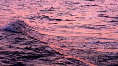 Sea waves with reflection of pink sunset light, by the beach, slow motion. Stock Footage 248851358