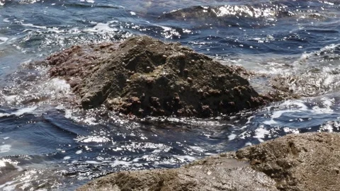 Sea waves on rocks with shells 4k 30fps video Stock Footage 208818491