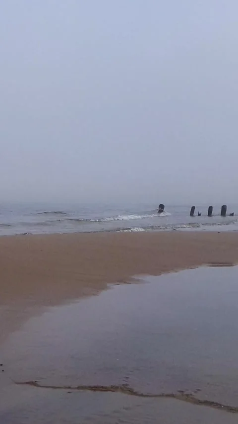 Sea waves rolling on empty sand beach at misty morning Stock Footage 337851382
