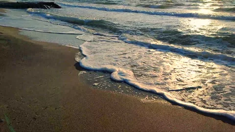 Sea waves rolling on sandy shore beach on sea coast dawn sunset. Blue sea waves Stock Footage 240990619