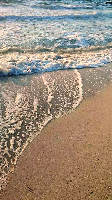 Sea waves rolling on sandy shore beach sea coast dawn sunset. Blue sea. Vertical Stock Footage 241016309