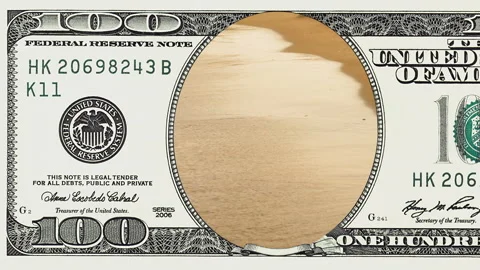 Sea waves rushing at the sunset in 100 dollar bill Stock-Footage 97601173