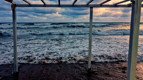 Sea Waves Sandy Beach Beautiful Rain Sunset Sky Purple Cumulus Clouds Camera Sli Stock Footage 285135804