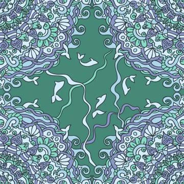 Sea waves seamless pattern. Marine mandala background. Vector blue and green Stock Illustration