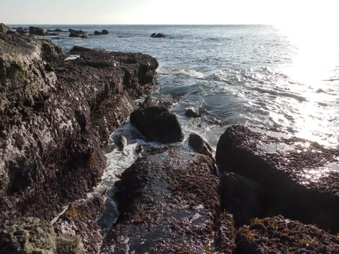 Sea waves splash on shore rocks. Stock Footage 73237477