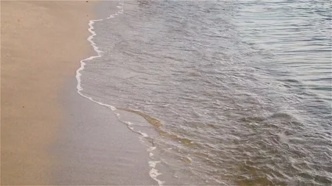 Sea waves splashing empty golden sand beach with wind sound in background Stock Footage 141225150