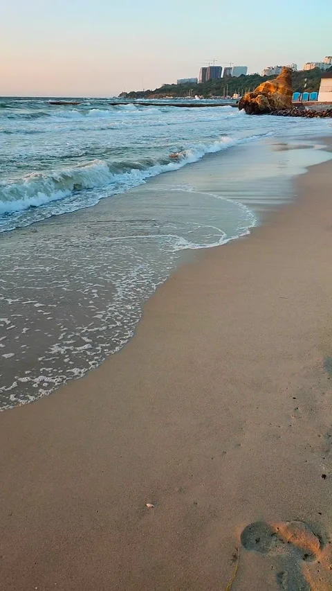 Sea waves storm beach sand coast sky dawn Natural background Vertical Stock-Footage 296420445