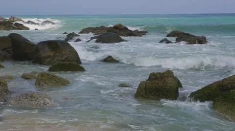 Sea waves strike the stones on the beach during a storm Stock-Footage 63472880