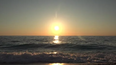 Sea Waves at Sunset on Beach, Sunrise on Seashore, Ocean Sundown, Summer View Stock Footage 336063235