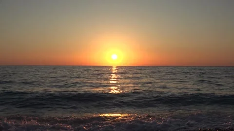 Sea Waves at Sunset on Beach, Sunrise on Seashore, Ocean Sundown, Summer View  Stock Footage 345159142