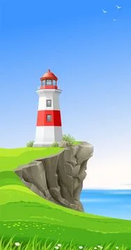 Sea white lighthouse on a cliff Stock Illustration