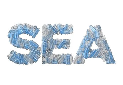 Sea word spelt out in empty plastic bottle font. 3D Rendering Stock Illustration