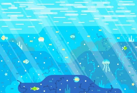 Seabed, fish and algae - vector cartoon illustration in flat stile Illustrazione stock