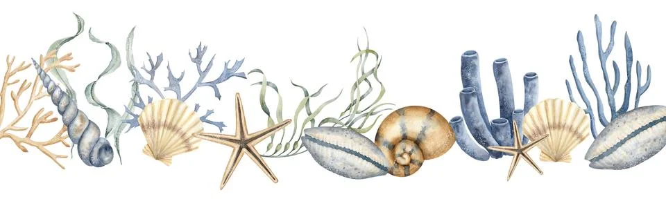 Seabed seamless Pattern. Hand drawn watercolor illustration of undersea pattern Illustrazione stock