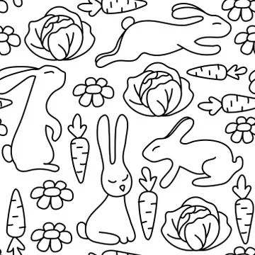 Seaemless pattern with rabbits. Pattern for coloring book. Hand-drawn decorative Illustrazione stock