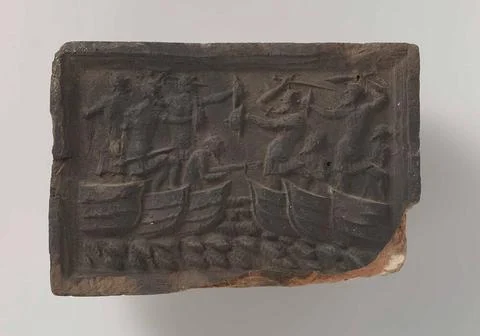 Seafight. Rectangular fireplace with sea fight; Links two sloops and three... 库存照片