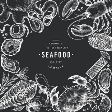 Seafood and fish design template. Hand drawn vector illustration. Food banner Stock Illustration