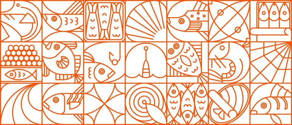 Seafood and fish geometric pattern linear motif Stock Illustration