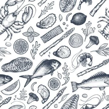Seafood and fish seamless pattern. Hand drawn vector illustration. Food banne Stock Illustration