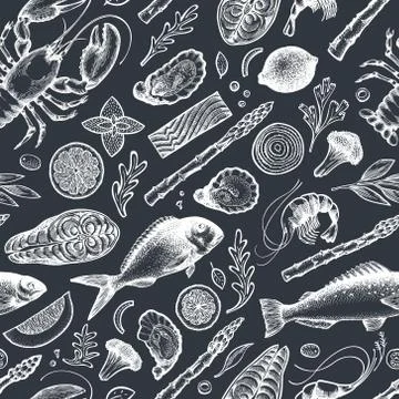 Seafood and fish seamless pattern. Hand drawn vector illustration on chalk bo Stock Illustration