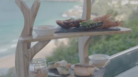 Seafood Appetizer Platter Served Outdoors Overlooking Coastal New South Wales Stock Footage 345725922