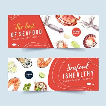 Seafood banner design with shell, fish, crab illustration watercolor. Ilustração Stock